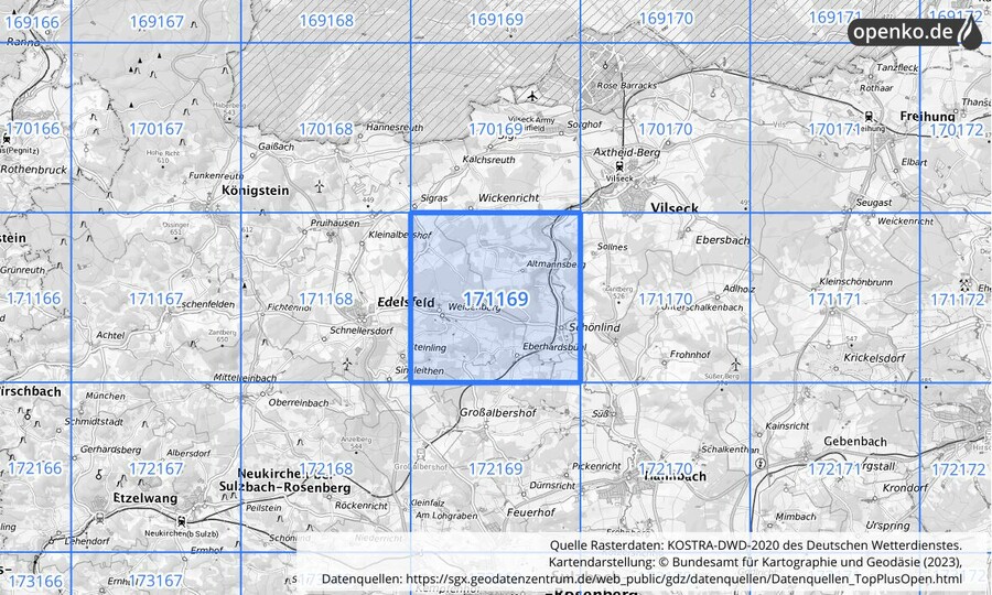 Übersichtskarte des KOSTRA-DWD-2020-Rasterfeldes Nr. 171169