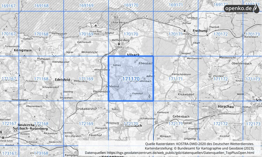 Übersichtskarte des KOSTRA-DWD-2020-Rasterfeldes Nr. 171170