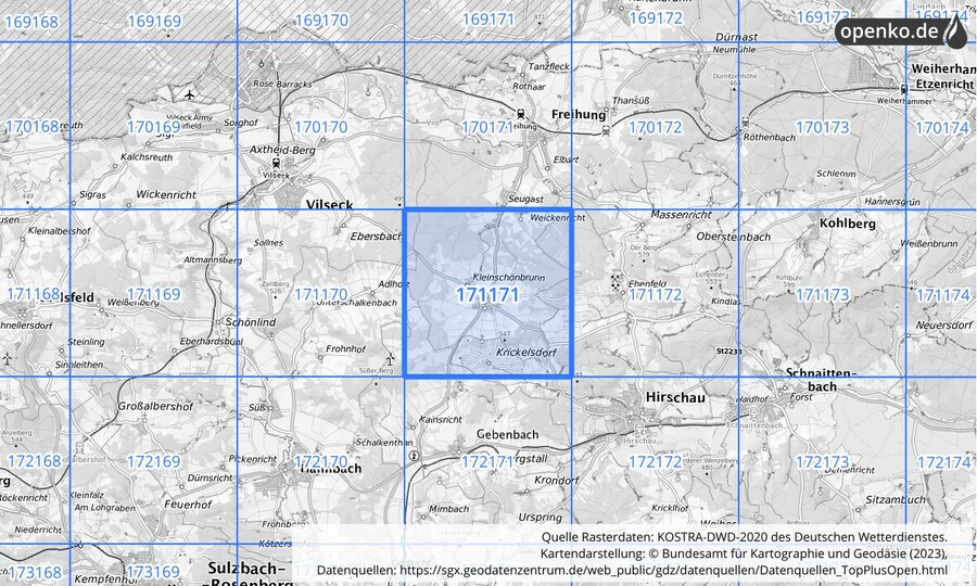 Übersichtskarte des KOSTRA-DWD-2020-Rasterfeldes Nr. 171171