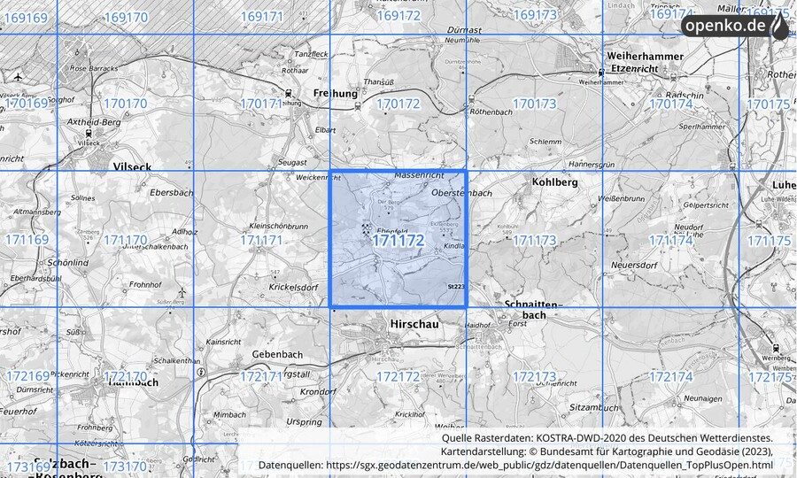 Übersichtskarte des KOSTRA-DWD-2020-Rasterfeldes Nr. 171172
