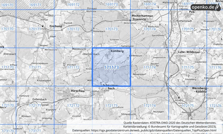 Übersichtskarte des KOSTRA-DWD-2020-Rasterfeldes Nr. 171173
