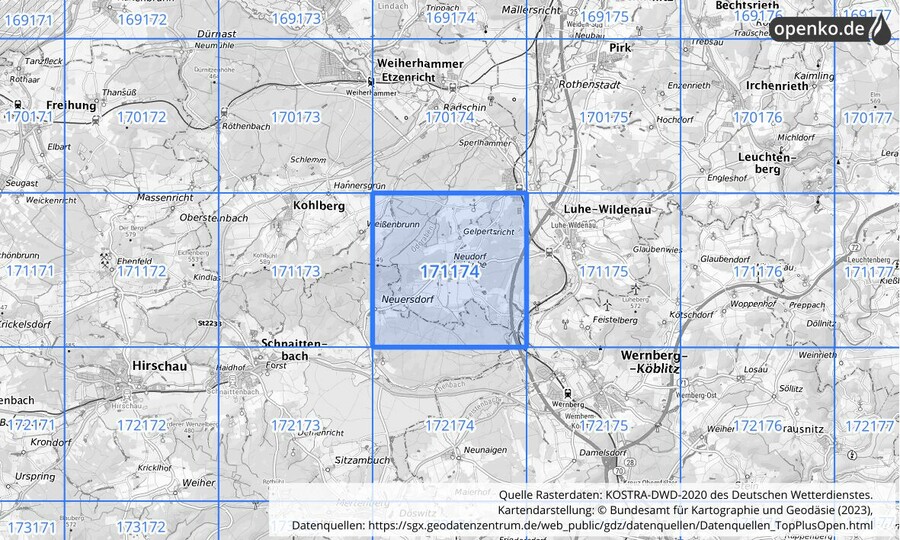 Übersichtskarte des KOSTRA-DWD-2020-Rasterfeldes Nr. 171174