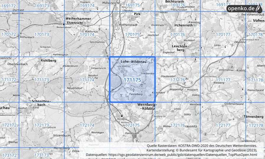 Übersichtskarte des KOSTRA-DWD-2020-Rasterfeldes Nr. 171175