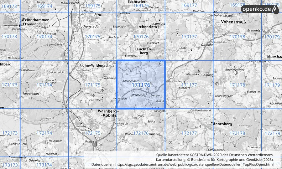 Übersichtskarte des KOSTRA-DWD-2020-Rasterfeldes Nr. 171176