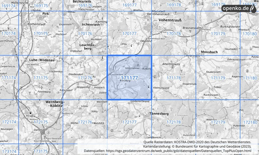 Übersichtskarte des KOSTRA-DWD-2020-Rasterfeldes Nr. 171177