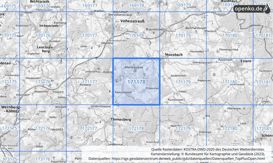 Übersichtskarte des KOSTRA-DWD-2020-Rasterfeldes Nr. 171178