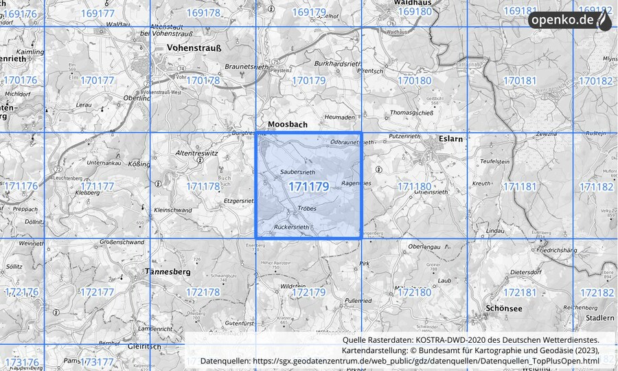 Übersichtskarte des KOSTRA-DWD-2020-Rasterfeldes Nr. 171179