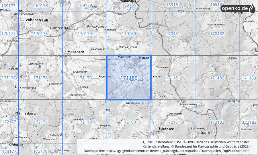 Übersichtskarte des KOSTRA-DWD-2020-Rasterfeldes Nr. 171180