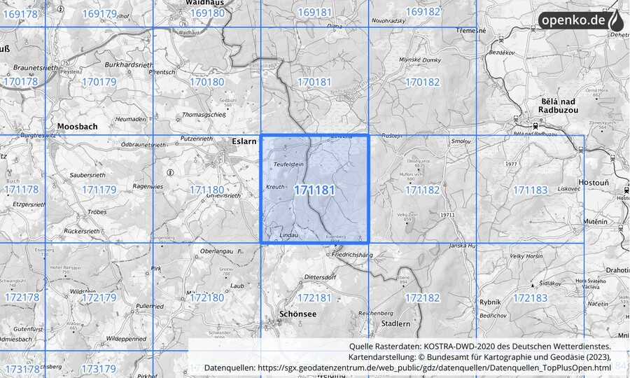 Übersichtskarte des KOSTRA-DWD-2020-Rasterfeldes Nr. 171181