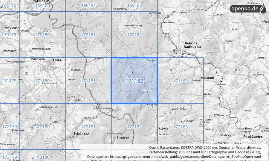 Übersichtskarte des KOSTRA-DWD-2020-Rasterfeldes Nr. 171182
