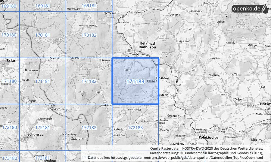 Übersichtskarte des KOSTRA-DWD-2020-Rasterfeldes Nr. 171183