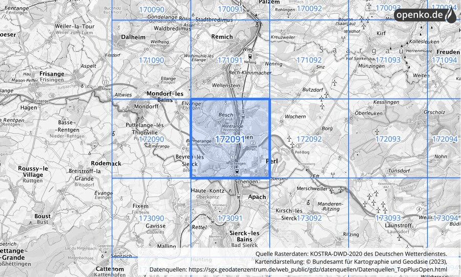 Übersichtskarte des KOSTRA-DWD-2020-Rasterfeldes Nr. 172091