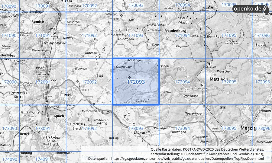 Übersichtskarte des KOSTRA-DWD-2020-Rasterfeldes Nr. 172093