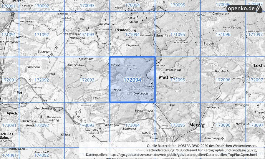 Übersichtskarte des KOSTRA-DWD-2020-Rasterfeldes Nr. 172094