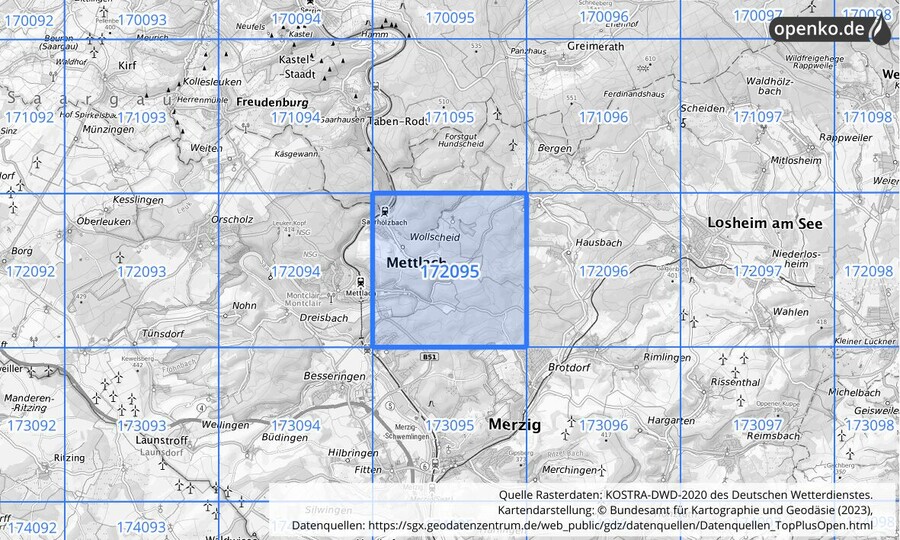 Übersichtskarte des KOSTRA-DWD-2020-Rasterfeldes Nr. 172095