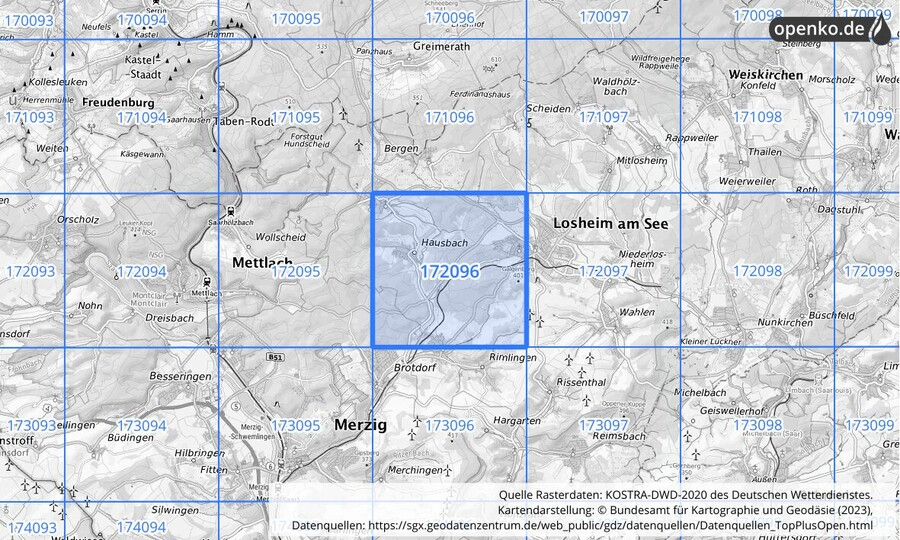 Übersichtskarte des KOSTRA-DWD-2020-Rasterfeldes Nr. 172096