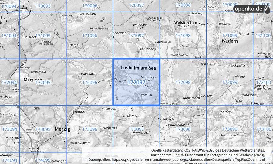 Übersichtskarte des KOSTRA-DWD-2020-Rasterfeldes Nr. 172097