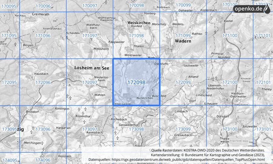 Übersichtskarte des KOSTRA-DWD-2020-Rasterfeldes Nr. 172098