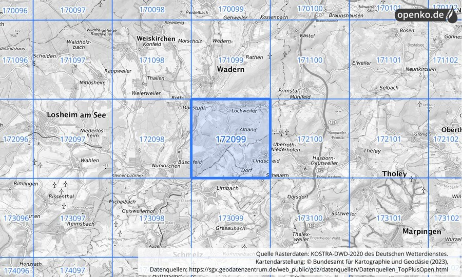 Übersichtskarte des KOSTRA-DWD-2020-Rasterfeldes Nr. 172099