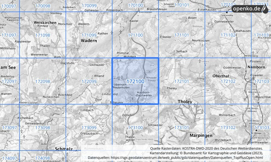 Übersichtskarte des KOSTRA-DWD-2020-Rasterfeldes Nr. 172100