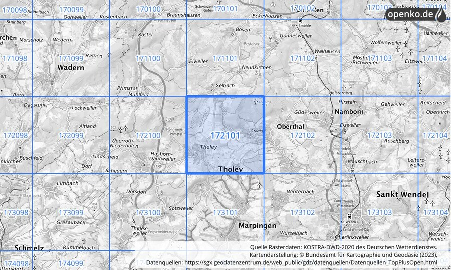 Übersichtskarte des KOSTRA-DWD-2020-Rasterfeldes Nr. 172101