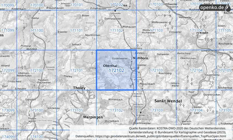 Übersichtskarte des KOSTRA-DWD-2020-Rasterfeldes Nr. 172102