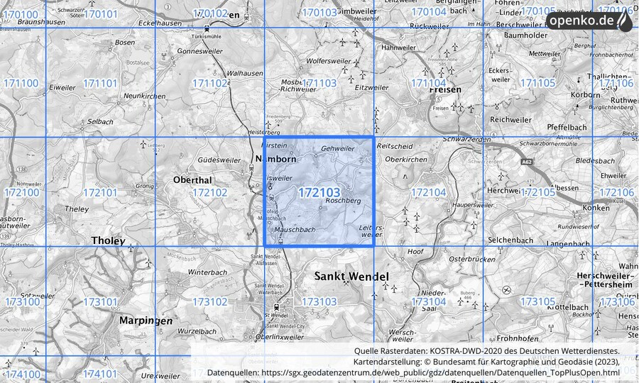 Übersichtskarte des KOSTRA-DWD-2020-Rasterfeldes Nr. 172103