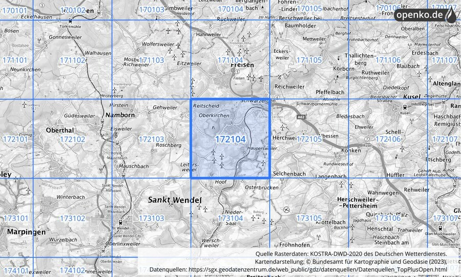 Übersichtskarte des KOSTRA-DWD-2020-Rasterfeldes Nr. 172104