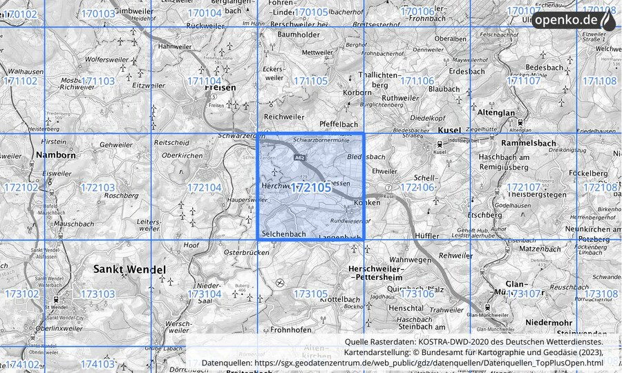 Übersichtskarte des KOSTRA-DWD-2020-Rasterfeldes Nr. 172105