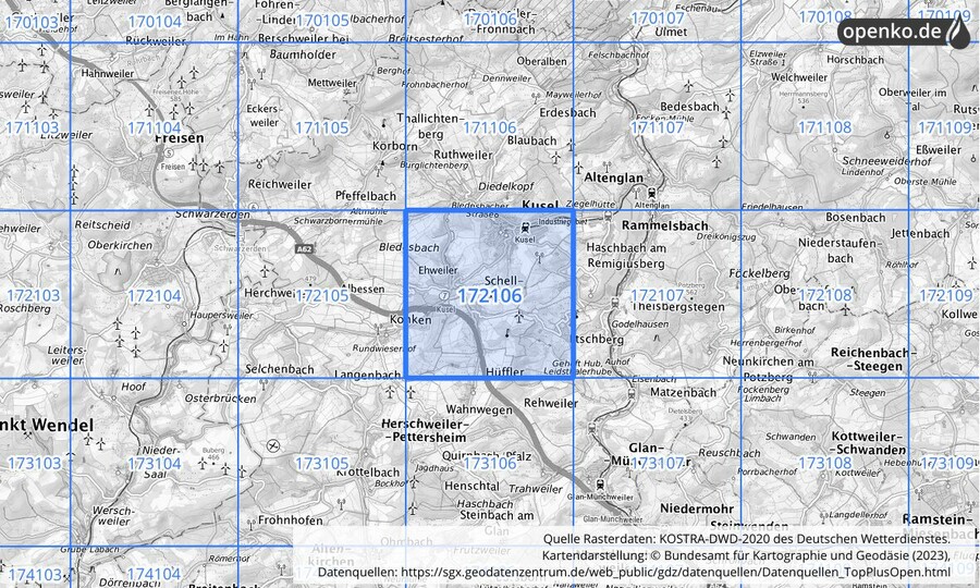 Übersichtskarte des KOSTRA-DWD-2020-Rasterfeldes Nr. 172106