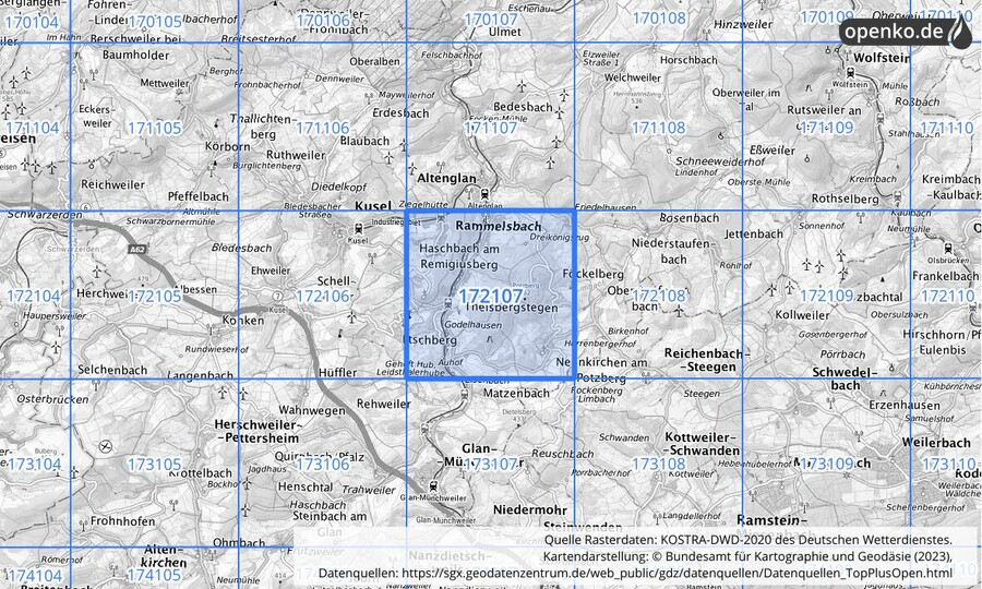 Übersichtskarte des KOSTRA-DWD-2020-Rasterfeldes Nr. 172107