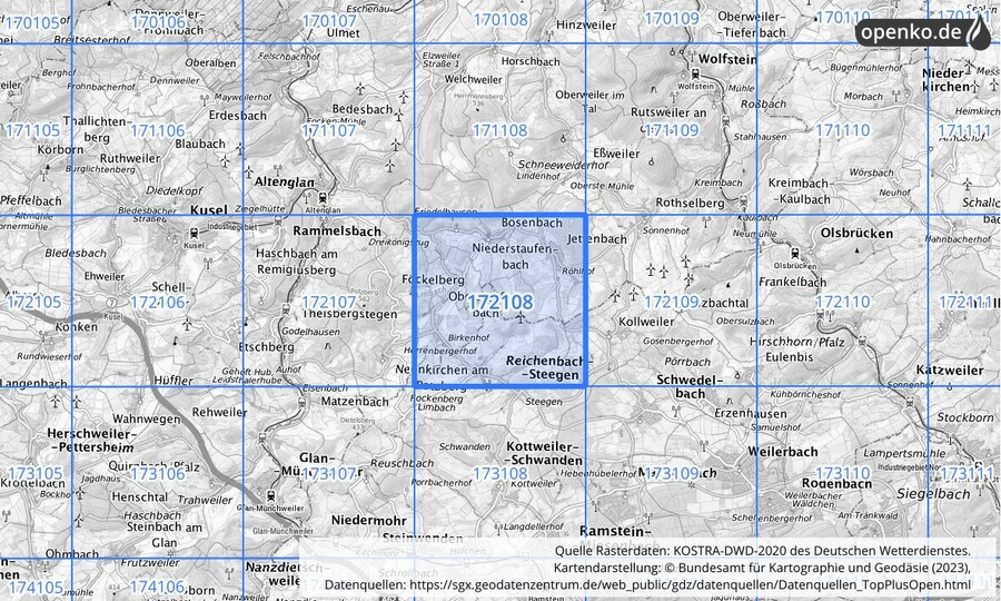 Übersichtskarte des KOSTRA-DWD-2020-Rasterfeldes Nr. 172108