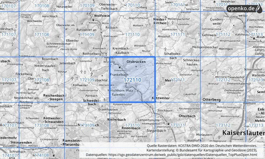 Übersichtskarte des KOSTRA-DWD-2020-Rasterfeldes Nr. 172110