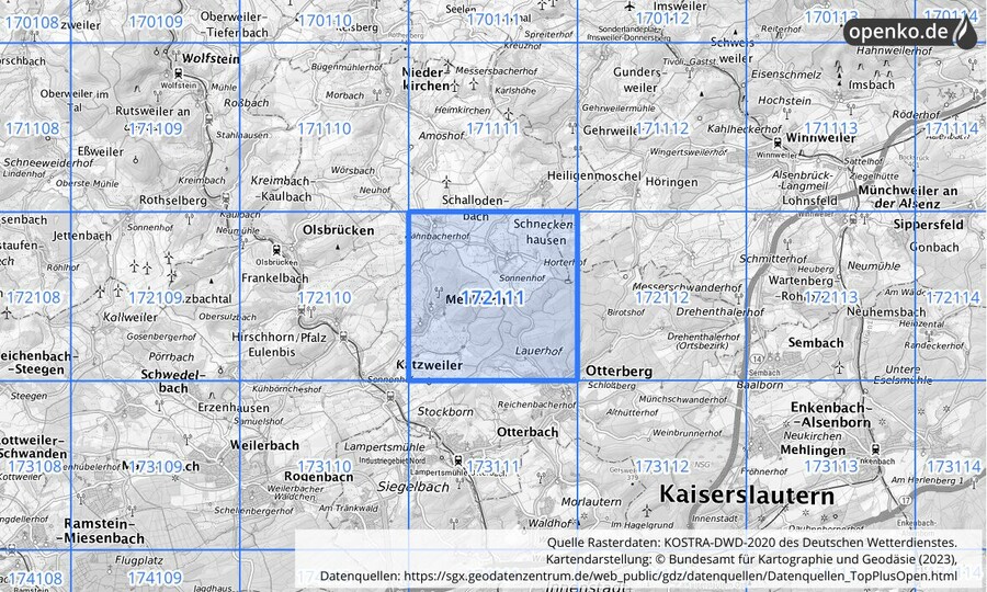 Übersichtskarte des KOSTRA-DWD-2020-Rasterfeldes Nr. 172111