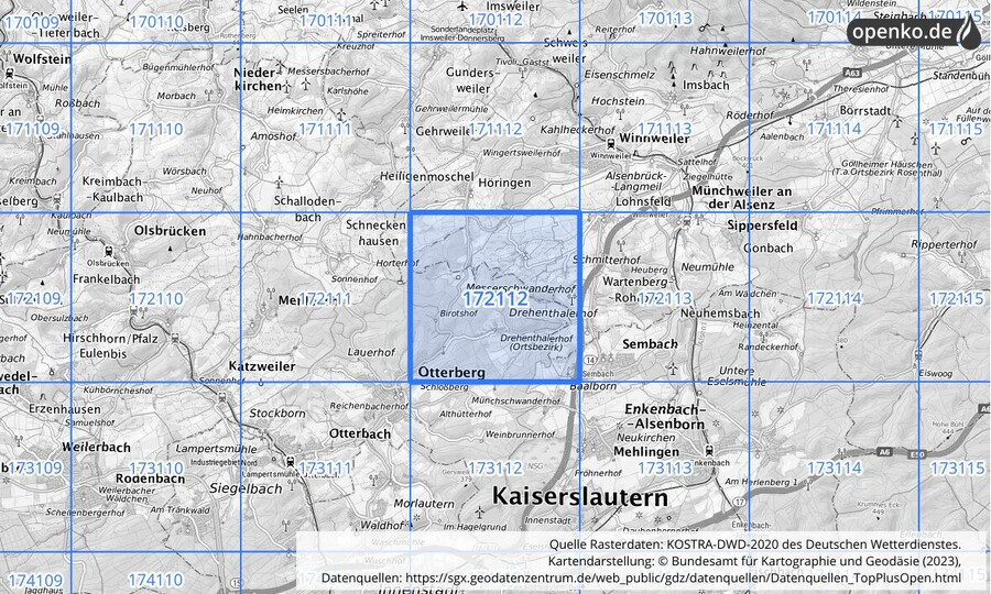 Übersichtskarte des KOSTRA-DWD-2020-Rasterfeldes Nr. 172112