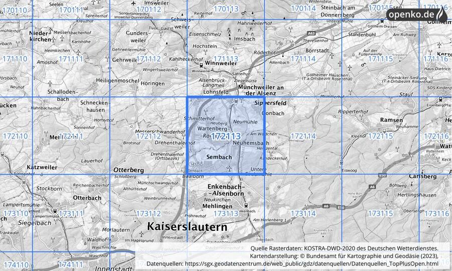 Übersichtskarte des KOSTRA-DWD-2020-Rasterfeldes Nr. 172113