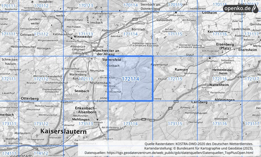 Übersichtskarte des KOSTRA-DWD-2020-Rasterfeldes Nr. 172114