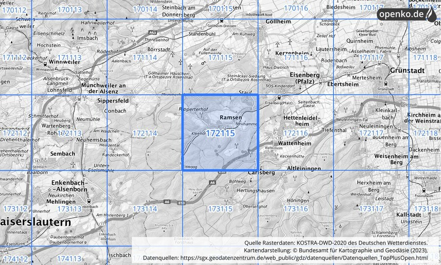 Übersichtskarte des KOSTRA-DWD-2020-Rasterfeldes Nr. 172115
