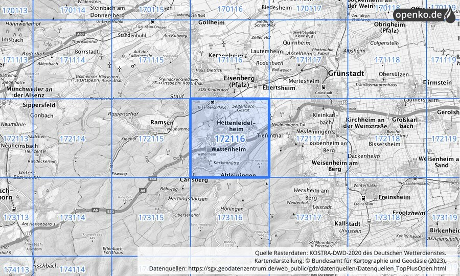 Übersichtskarte des KOSTRA-DWD-2020-Rasterfeldes Nr. 172116