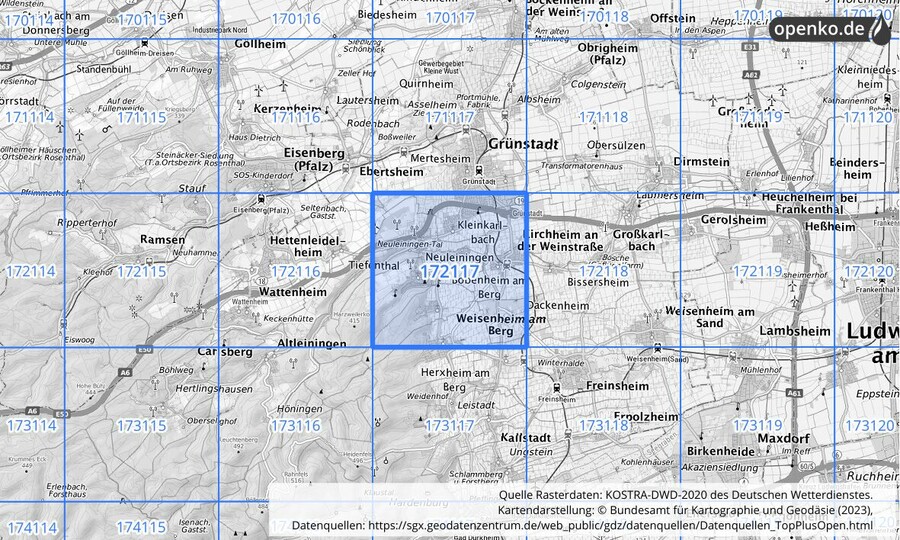 Übersichtskarte des KOSTRA-DWD-2020-Rasterfeldes Nr. 172117