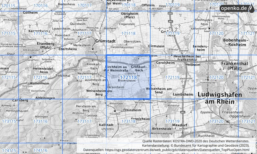 Übersichtskarte des KOSTRA-DWD-2020-Rasterfeldes Nr. 172118