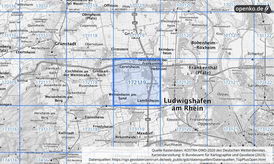 Übersichtskarte des KOSTRA-DWD-2020-Rasterfeldes Nr. 172119