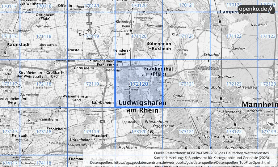 Übersichtskarte des KOSTRA-DWD-2020-Rasterfeldes Nr. 172120