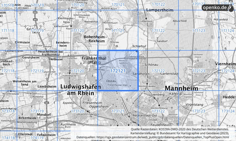 Übersichtskarte des KOSTRA-DWD-2020-Rasterfeldes Nr. 172121