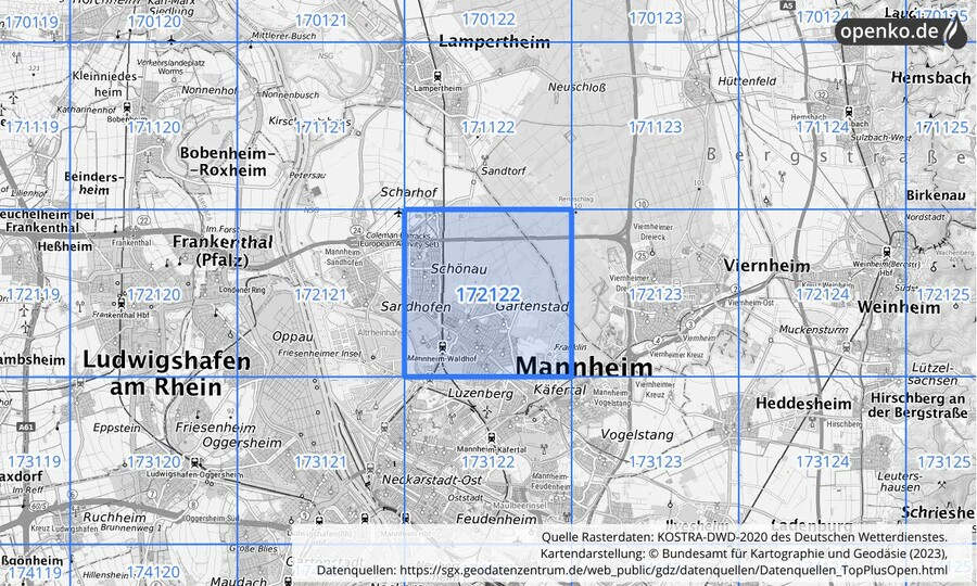 Übersichtskarte des KOSTRA-DWD-2020-Rasterfeldes Nr. 172122