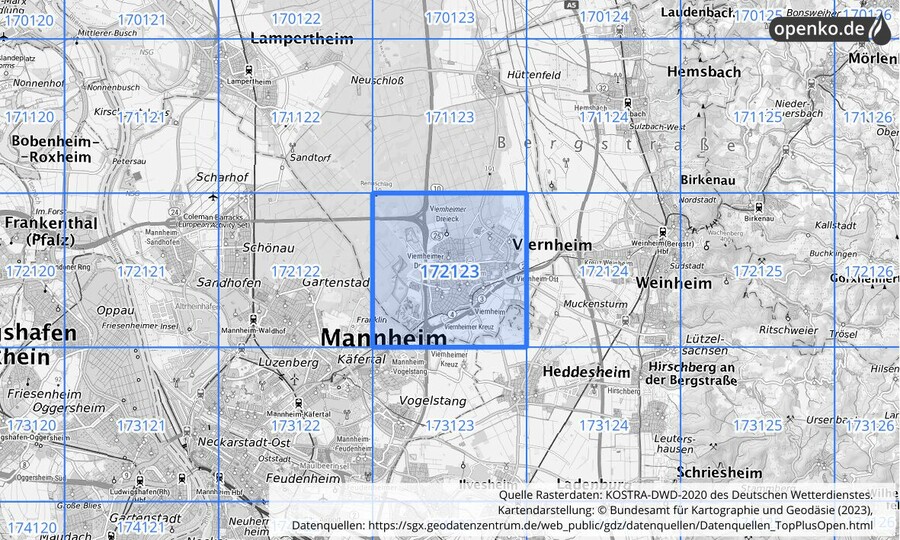 Übersichtskarte des KOSTRA-DWD-2020-Rasterfeldes Nr. 172123