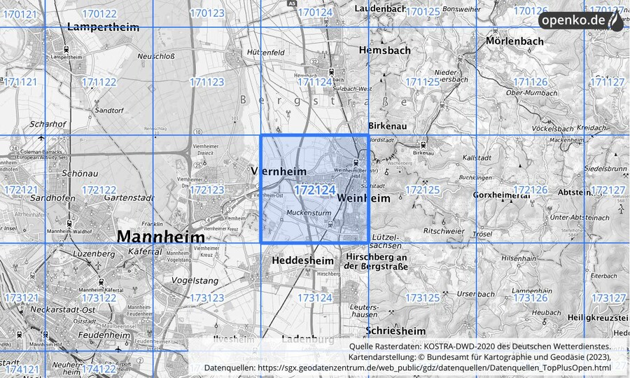 Übersichtskarte des KOSTRA-DWD-2020-Rasterfeldes Nr. 172124