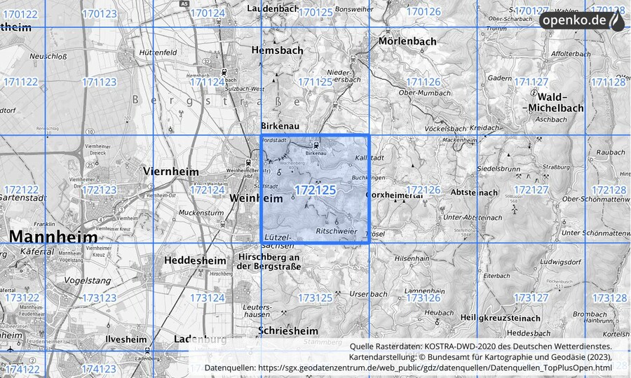 Übersichtskarte des KOSTRA-DWD-2020-Rasterfeldes Nr. 172125