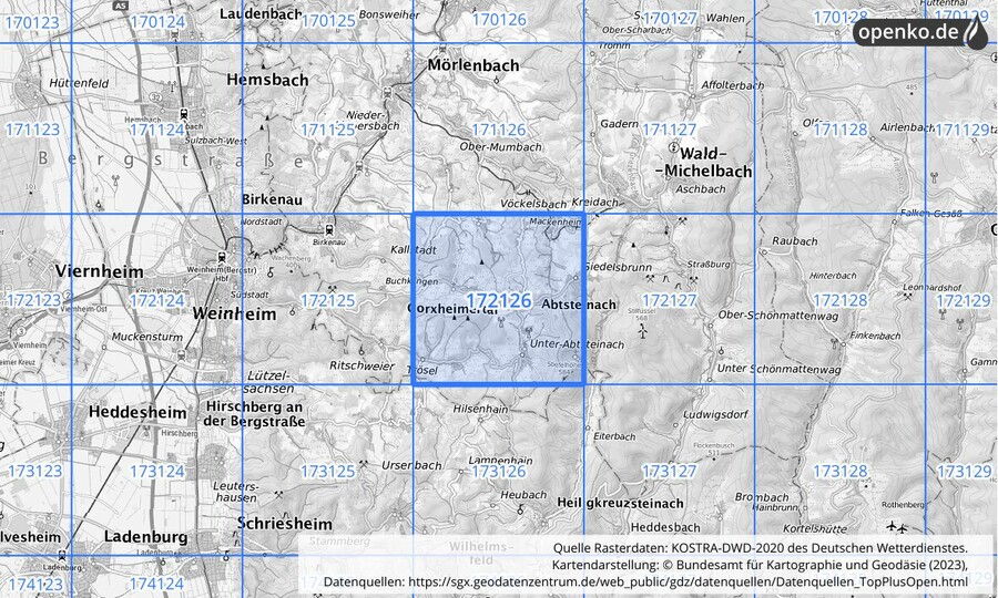 Übersichtskarte des KOSTRA-DWD-2020-Rasterfeldes Nr. 172126