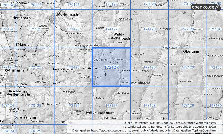 Übersichtskarte des KOSTRA-DWD-2020-Rasterfeldes Nr. 172127